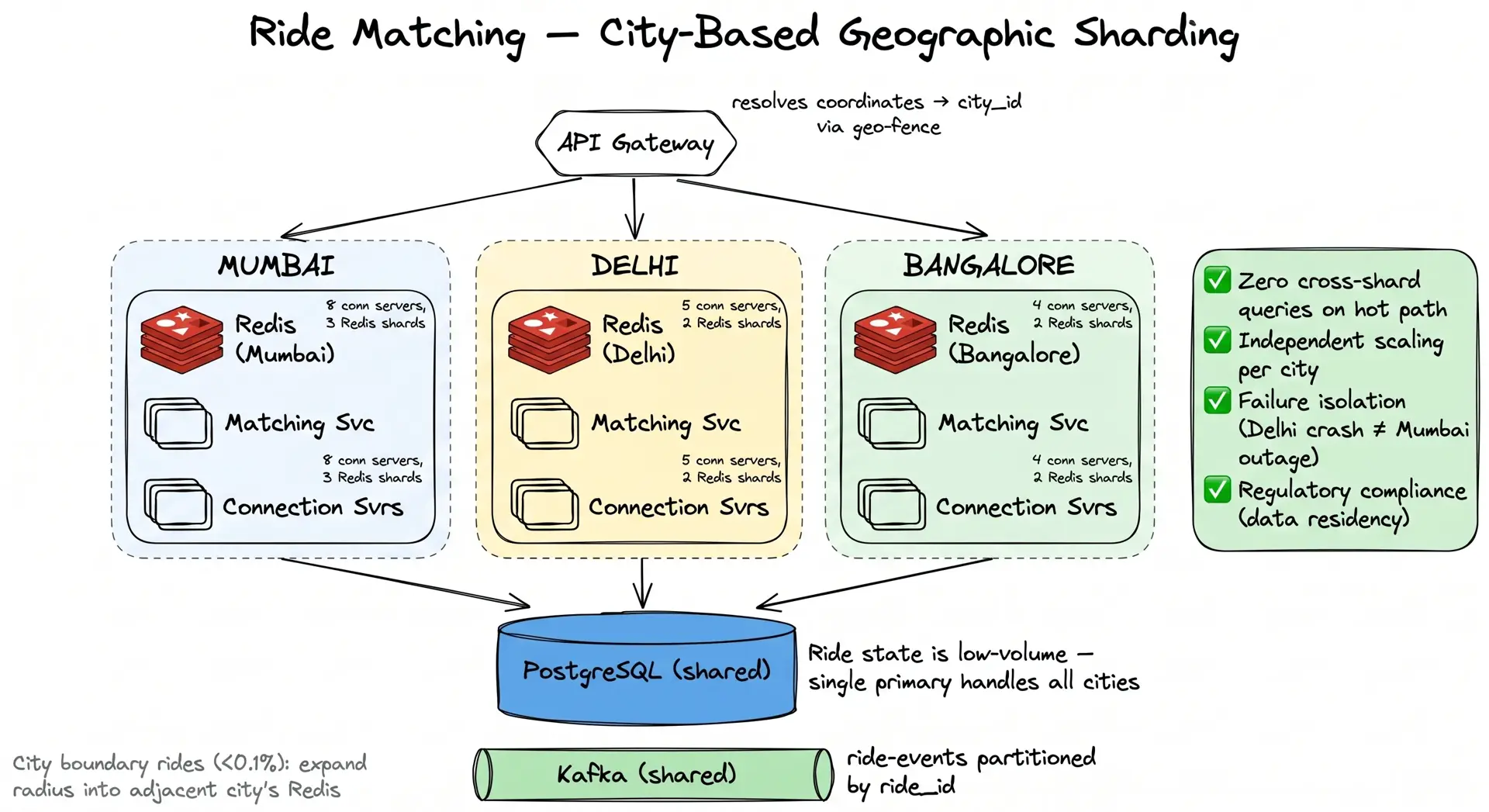 City-based geographic sharding — API Gateway routes by geo-fence to per-city Redis, Matching Service, and Connection Servers with shared PostgreSQL and Kafka at the bottom