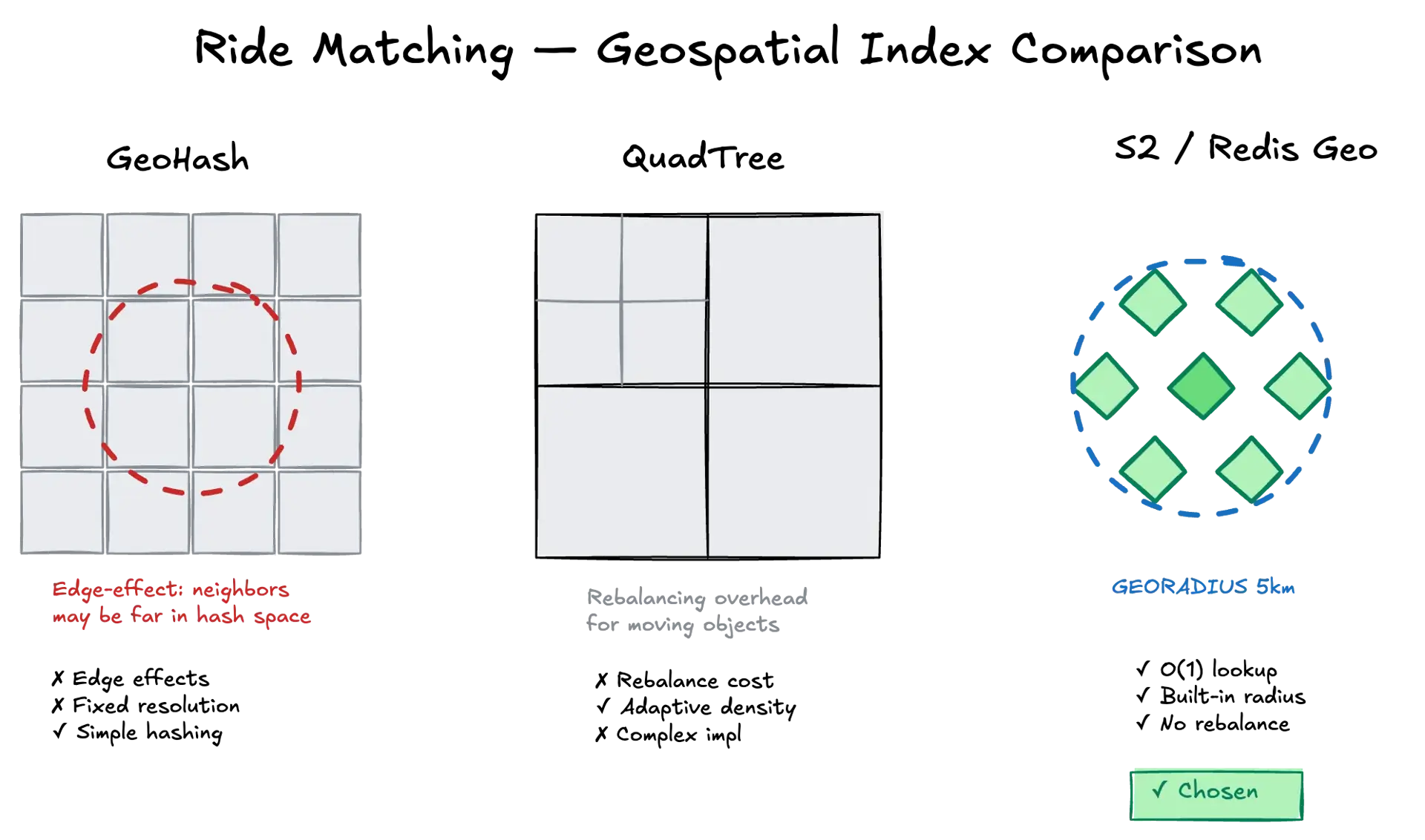 Geospatial indexing comparison — GeoHash grid with edge effects, QuadTree recursive subdivision, and S2/Redis Geo with GEORADIUS query circle