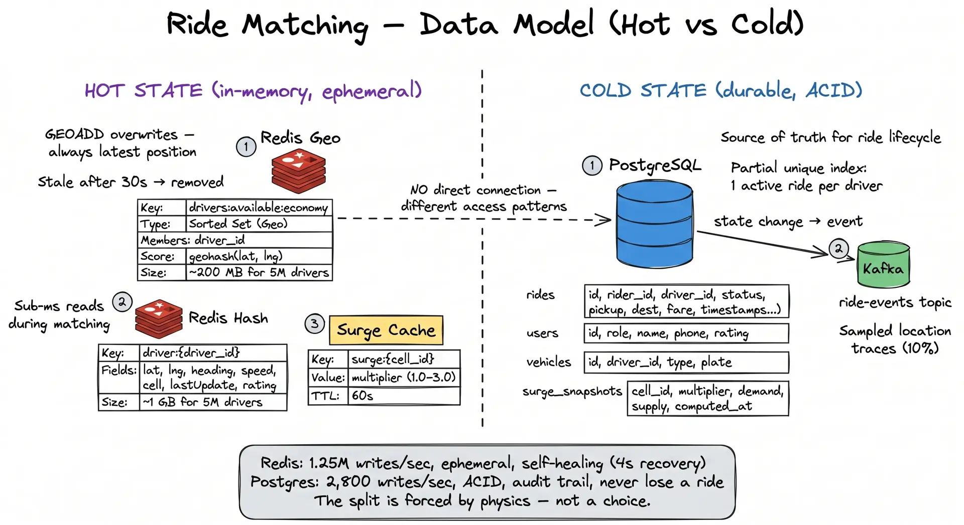 Data model hot vs cold split — Redis Geo and Redis Hash for ephemeral location data, PostgreSQL for durable ride state and history