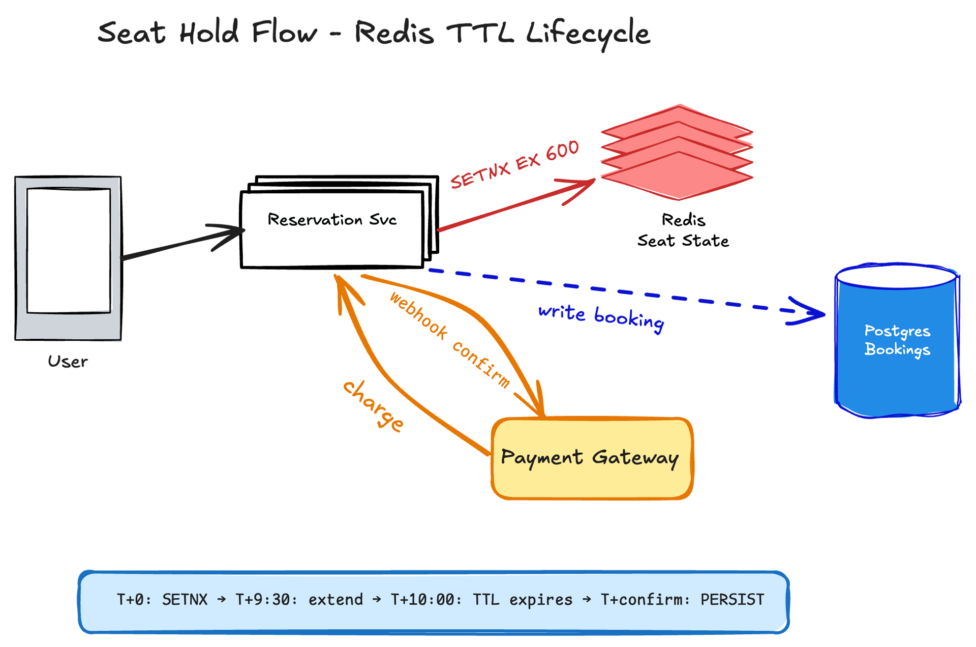 Seat Hold Flow — User → Reservation Svc → Redis SETNX with TTL → Payment Gateway → Postgres write on confirm