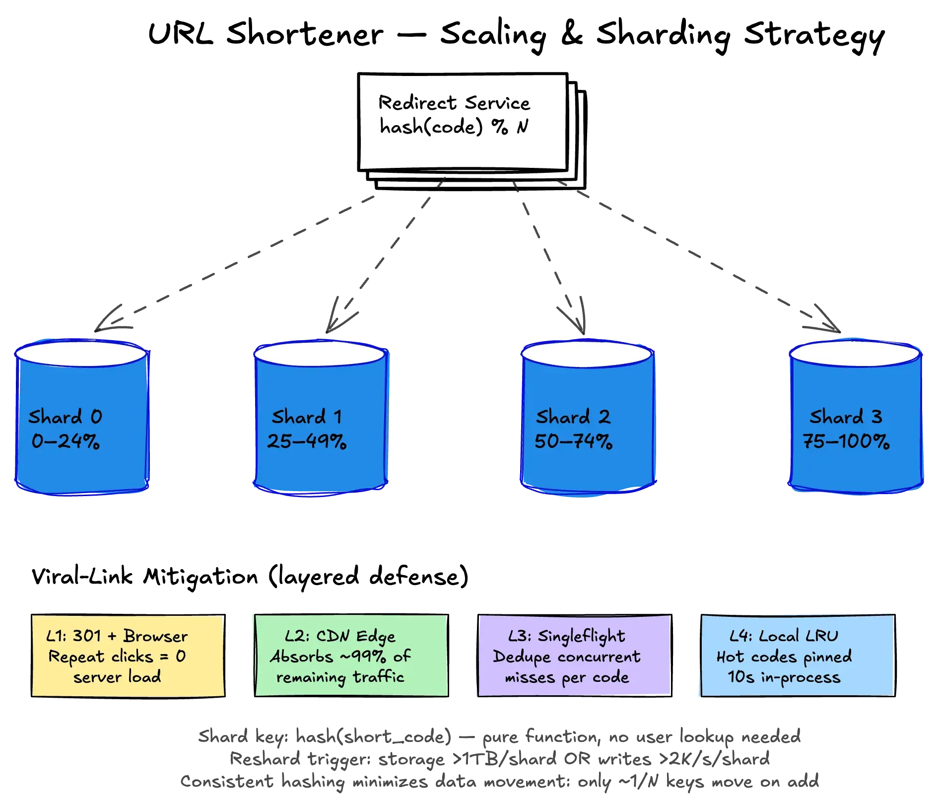 URL Shortener scaling and sharding strategy — redirect service routing to multiple Postgres shards with viral-link mitigation layers