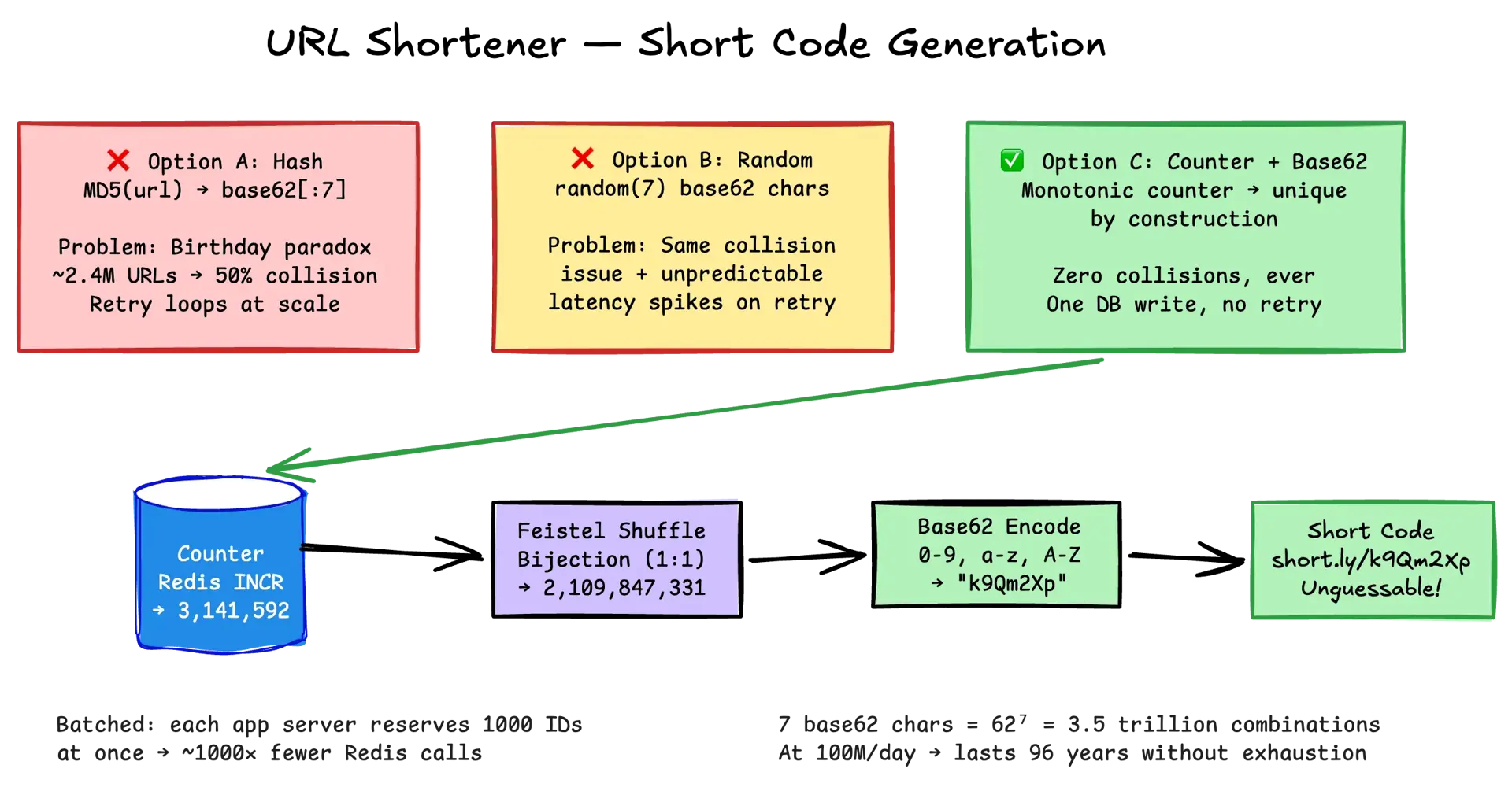 URL Shortener short code generation — comparing hash, random, and counter+base62 approaches with the chosen pipeline: counter → Feistel shuffle → base62 encode