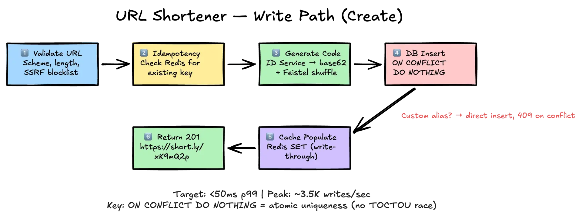 URL Shortener write path — step-by-step flow from URL validation through idempotency check, code generation, DB insert, cache populate, to 201 response