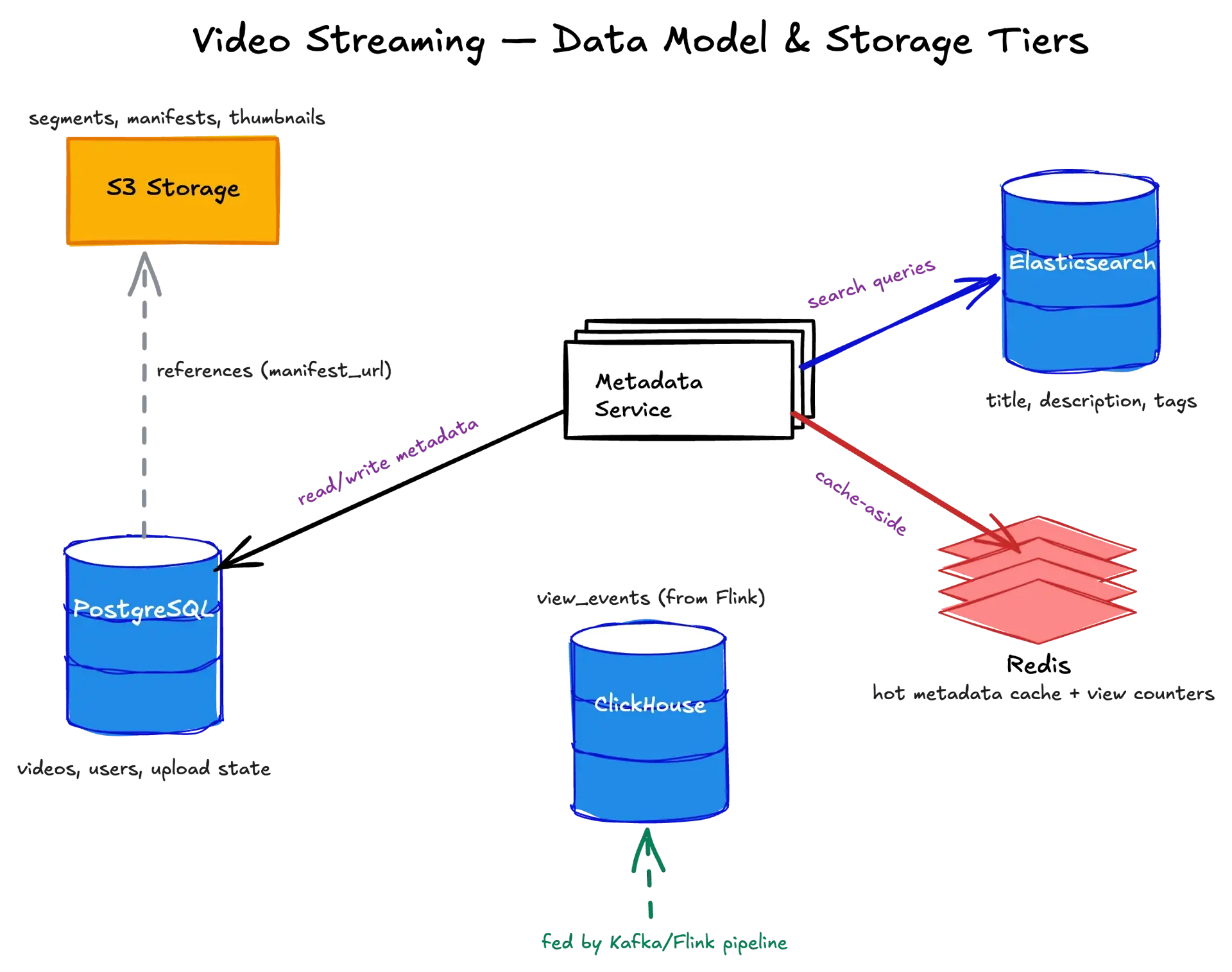 Video Streaming data model and storage tiers — Metadata Service hub connecting to PostgreSQL, Redis, Elasticsearch, S3, and ClickHouse with labeled relationships