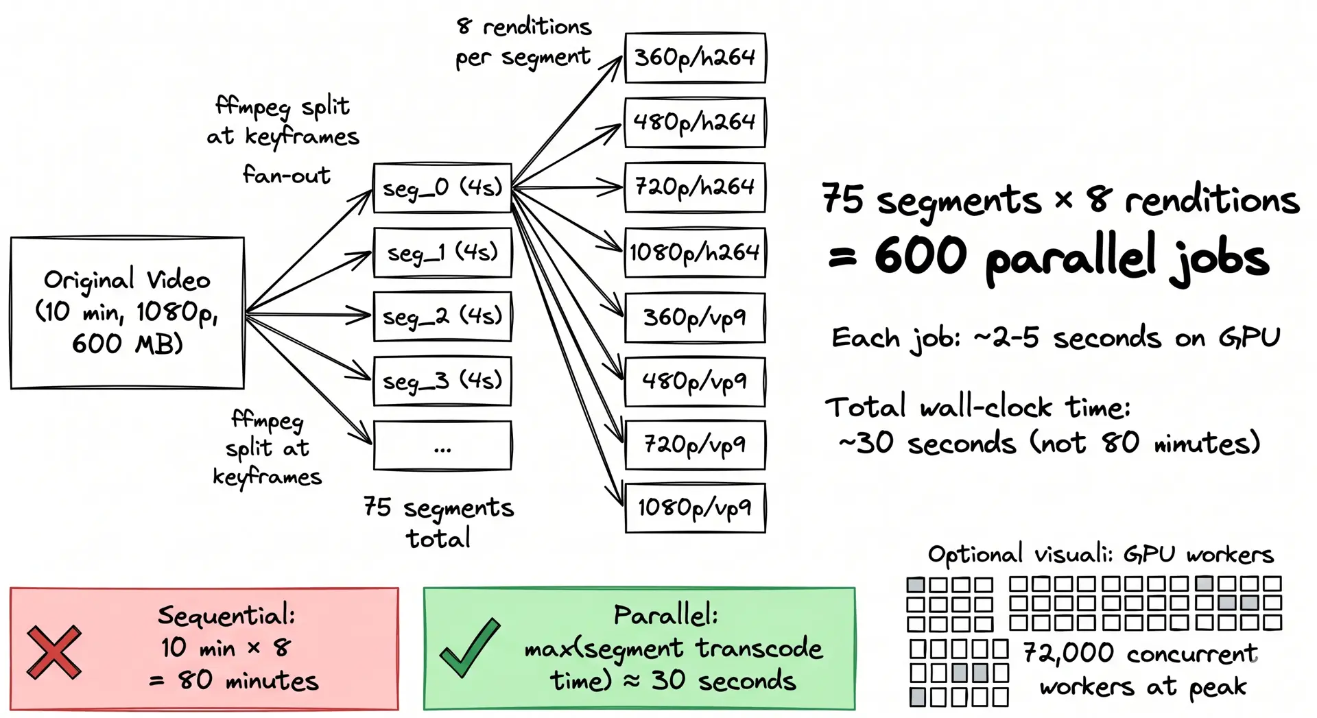 Segment-level parallelism — one video splits into 75 segments × 8 renditions = 600 parallel jobs completing in 30 seconds instead of 80 minutes