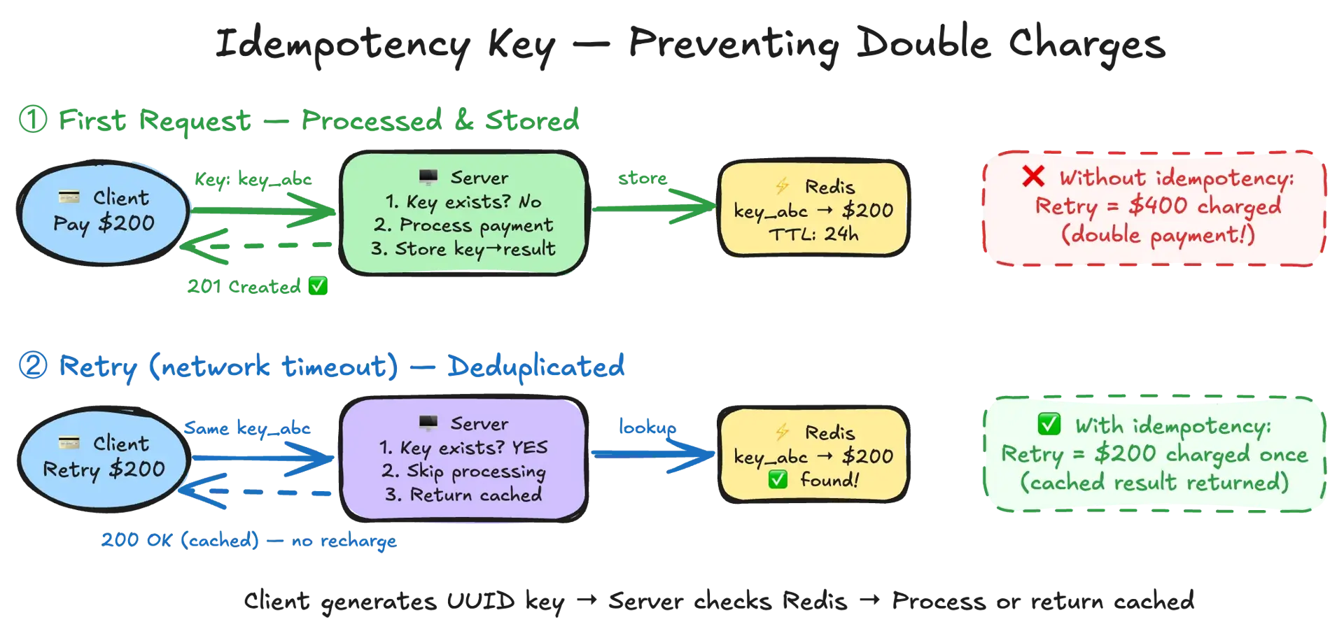 Idempotency key flow — client generates key, server checks if key exists, processes or returns cached result