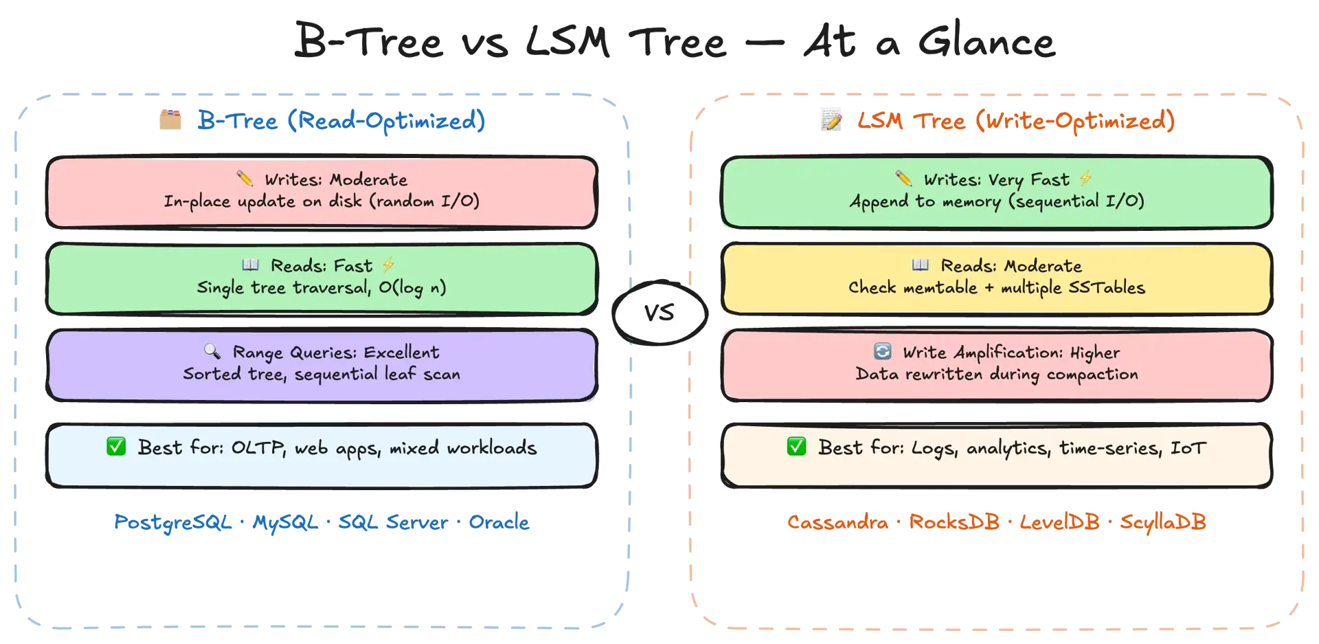 B-tree vs LSM tree comparison — read/write performance trade-offs between in-place update B-trees and append-only LSM trees