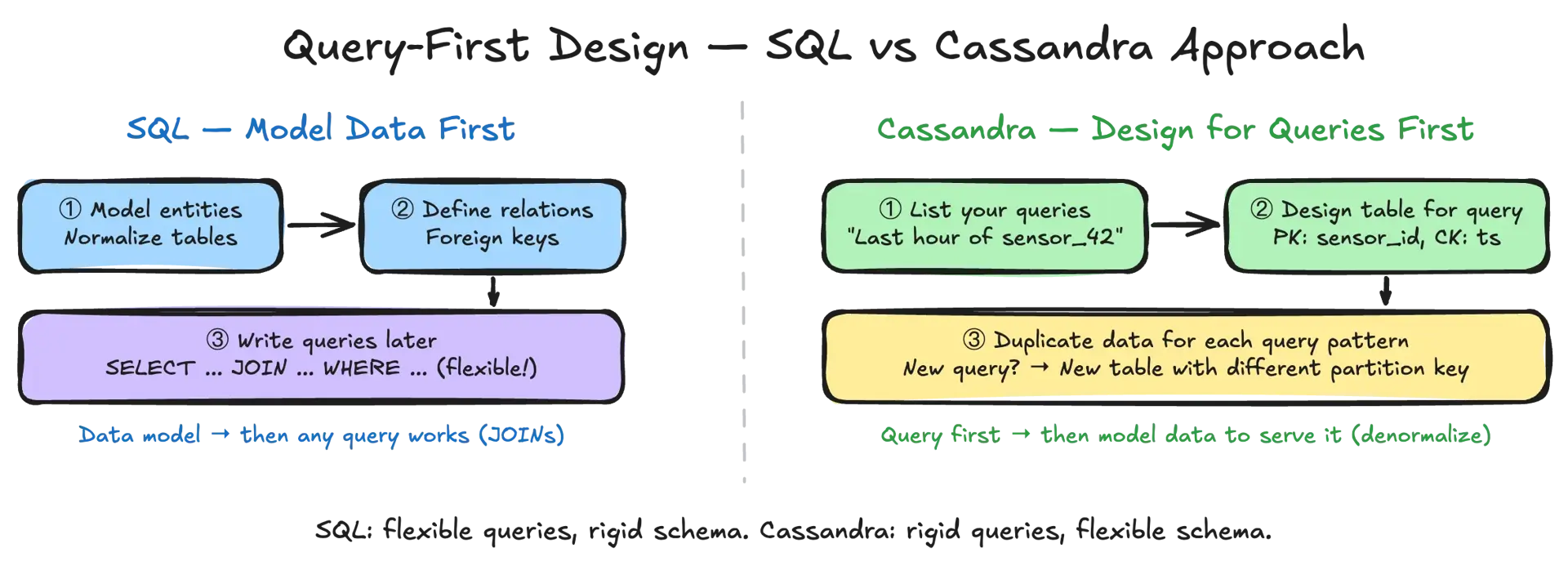 Query-first design — designing wide-column schema around access patterns rather than entity relationships