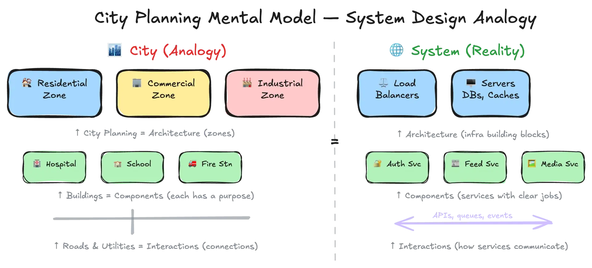 City planning mental model — mapping city planning concepts to system design: zoning to architecture, buildings to components, roads to interactions