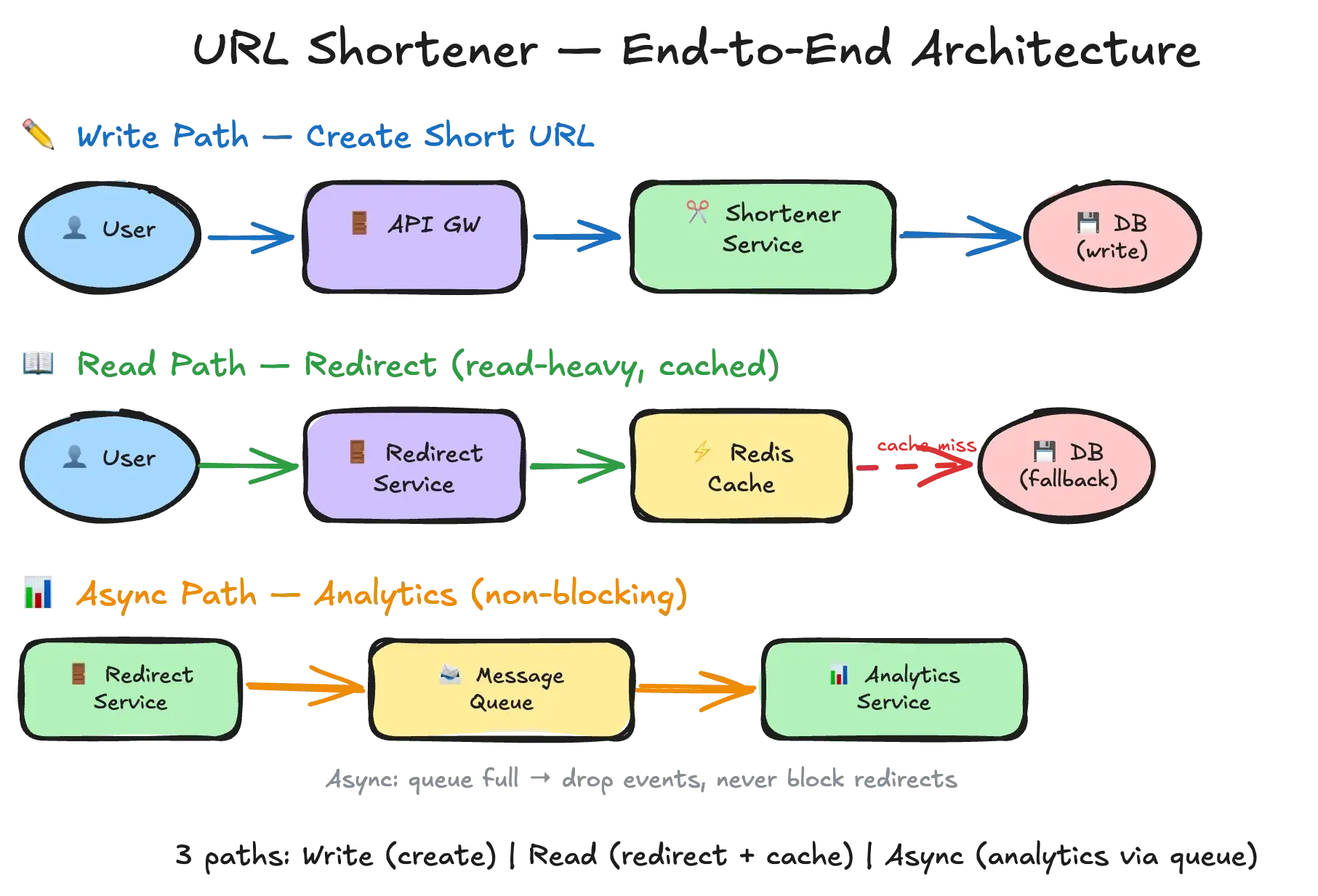 URL shortener end-to-end architecture — client to API gateway to shortener service, redirect service with cache, and async analytics via message queue