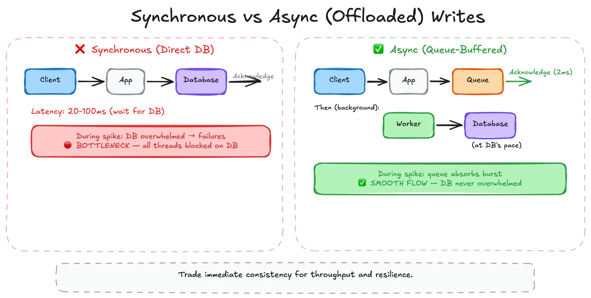 Synchronous vs asynchronous writes — blocking client until persistence versus immediate acknowledgment with background processing