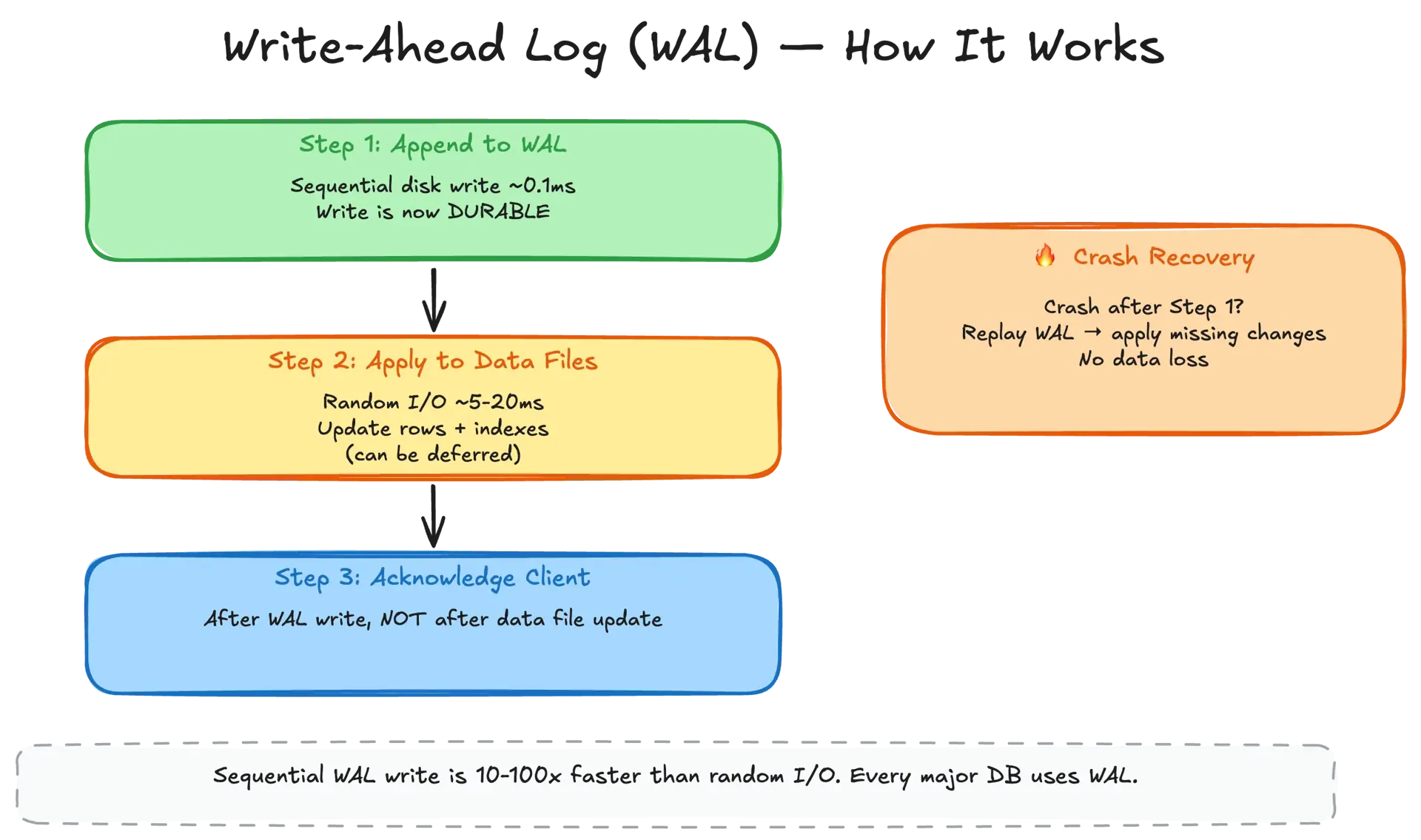 Write-ahead log flow — sequential append to log before applying changes to data files for crash recovery